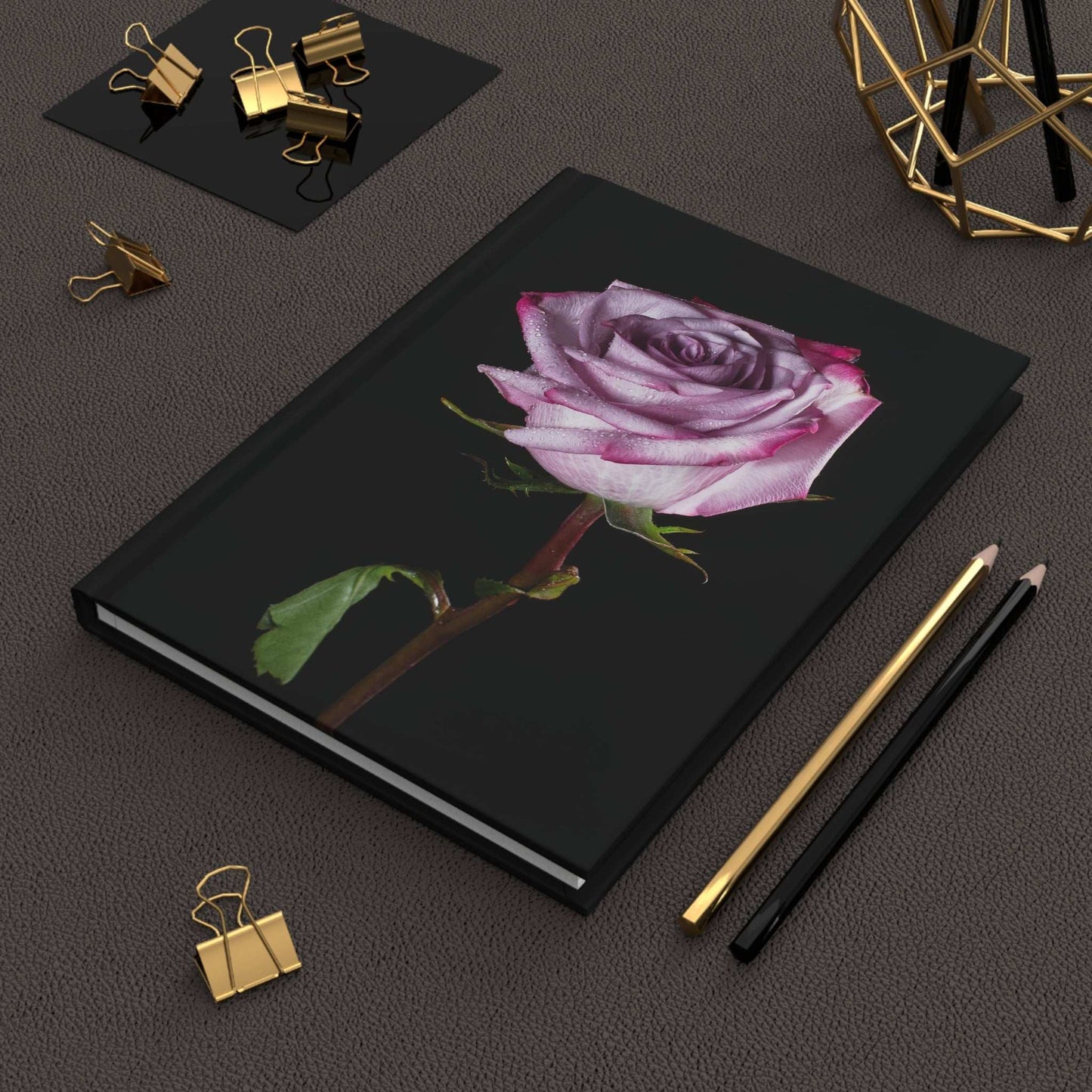 Rose Bloom Hardcover Journal — Pink Rose on Black Matte Notebook
