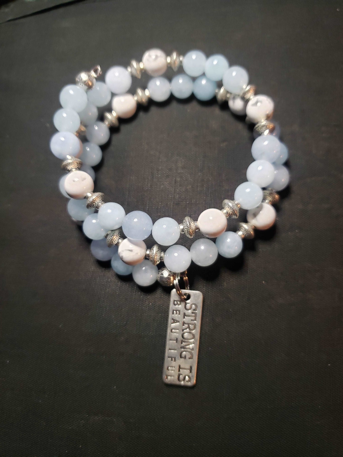 Aquamarine & Howlite Crystal Memory Wire Bracelet