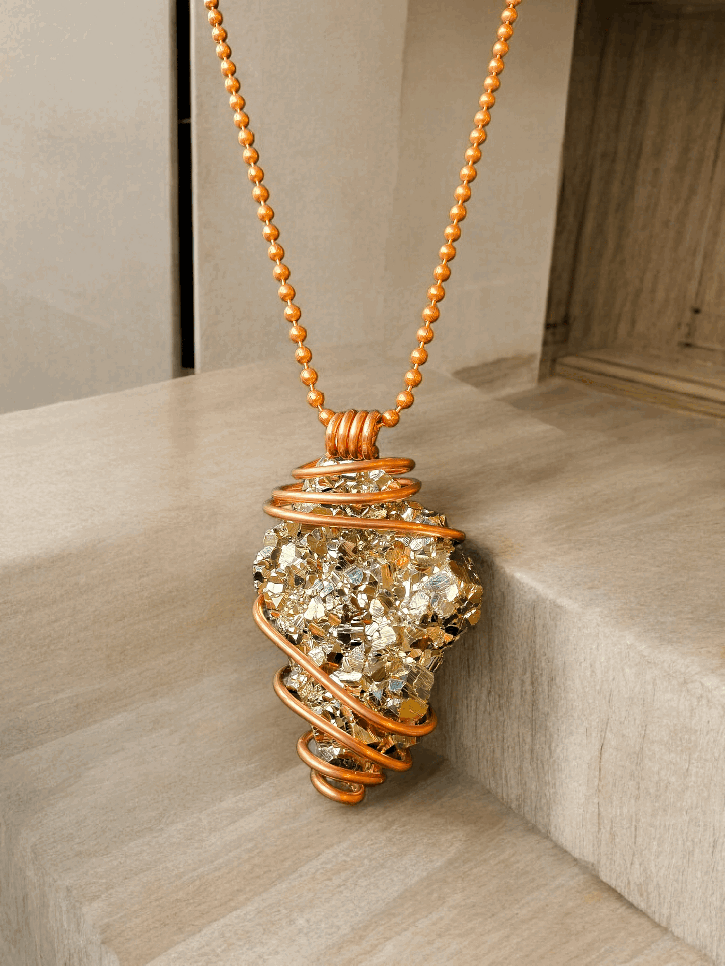 Copper Wrapped Pyrite Cluster Necklace