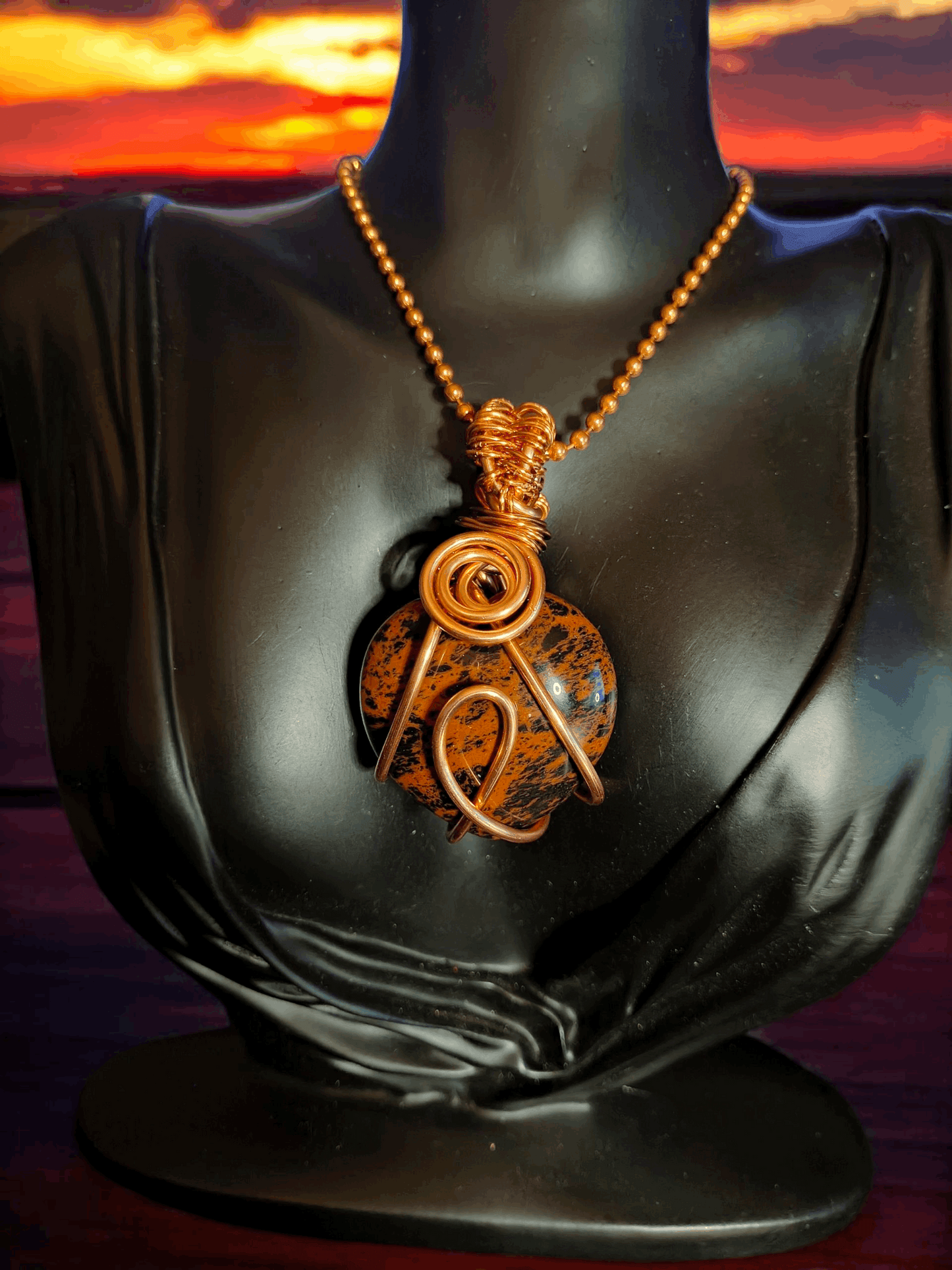 Copper Wire Wrapped Mahogany Obsidian Crystal Heart