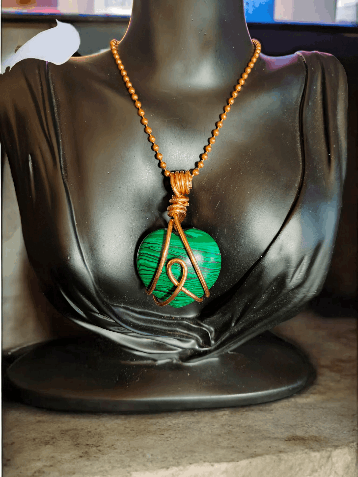 Copper Wire Wrapped Malachite Crystal Heart