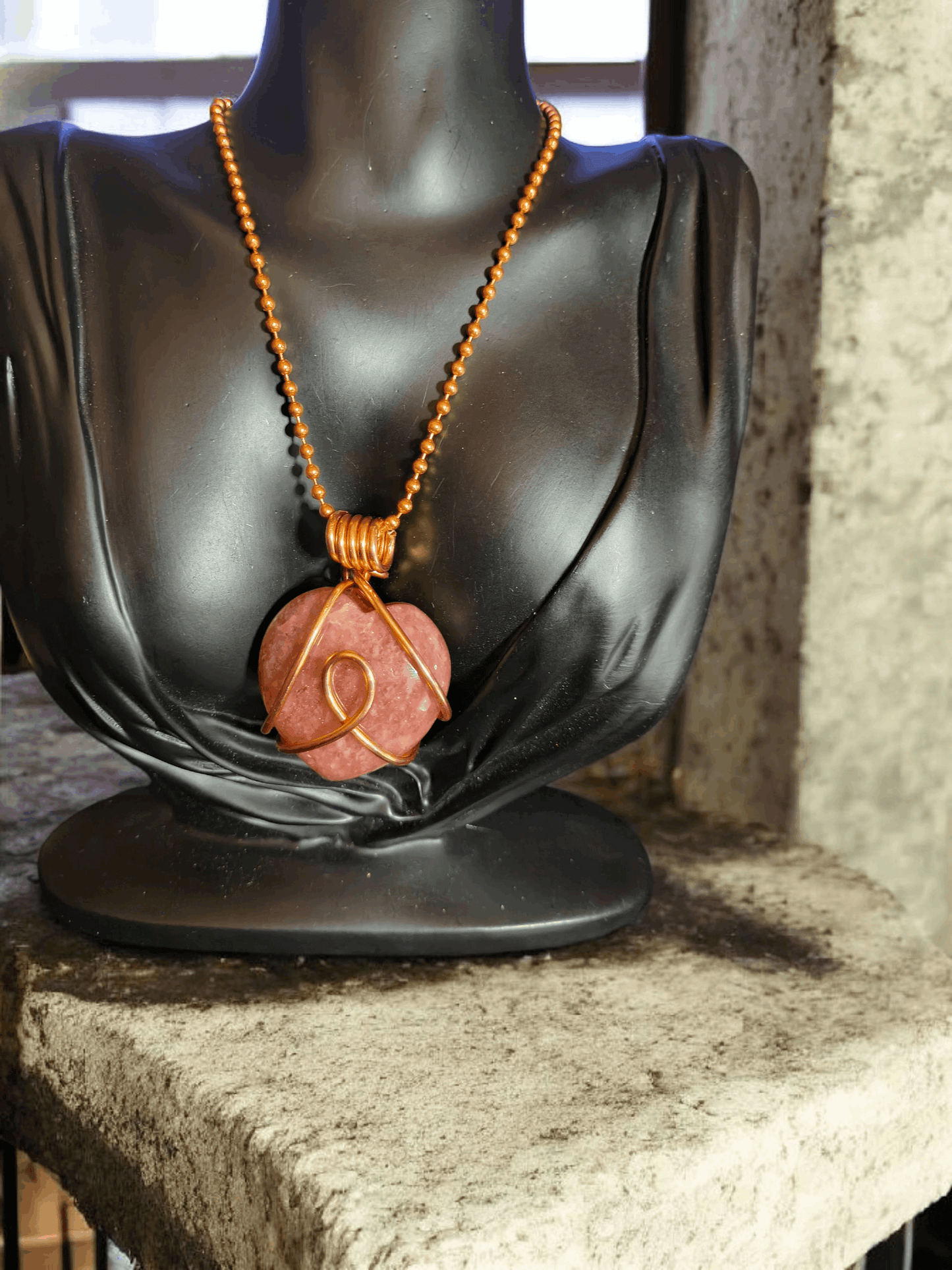 Copper Wire Wrapped Sunstone Crystal Heart