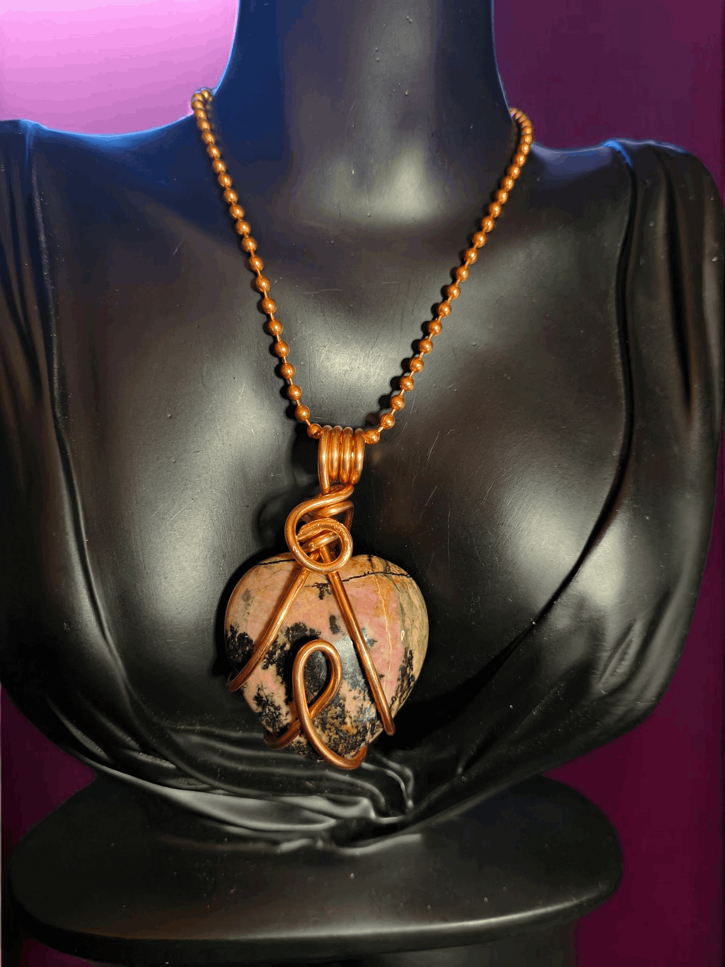 Copper Wrapped Rhodonite Crystal Heart