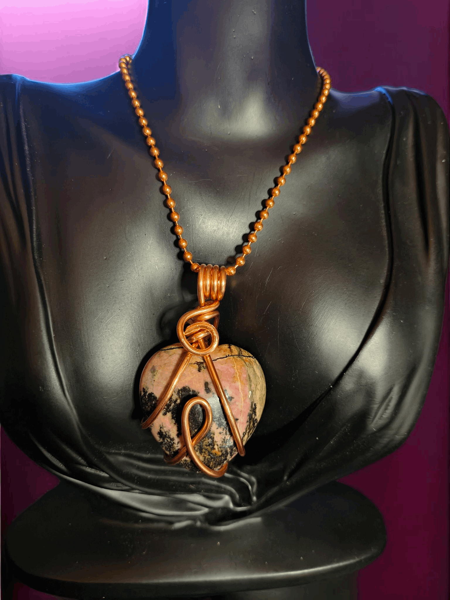 Copper Wrapped Rhodonite Crystal Heart