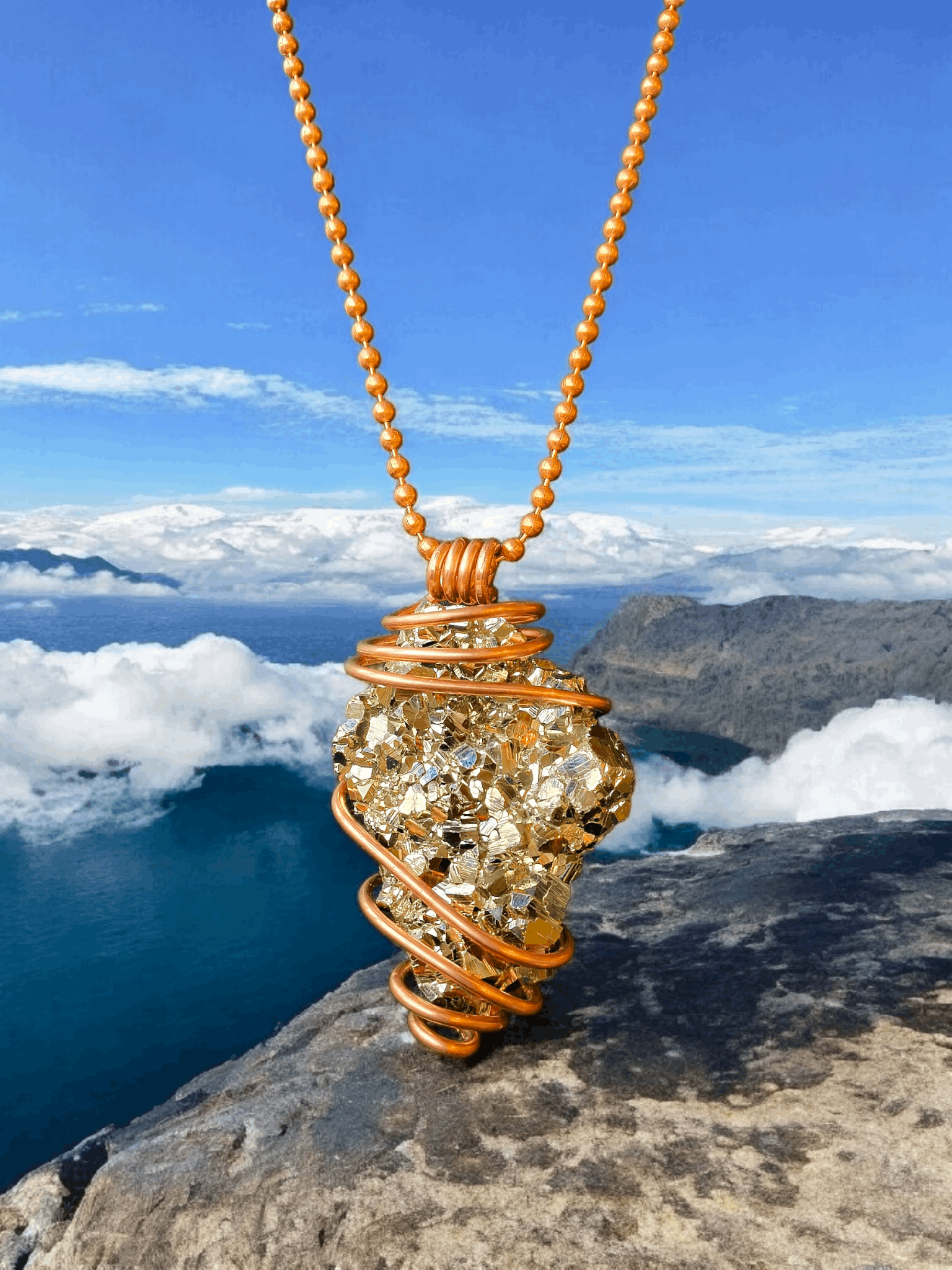 Copper Wrapped Pyrite Cluster Necklace